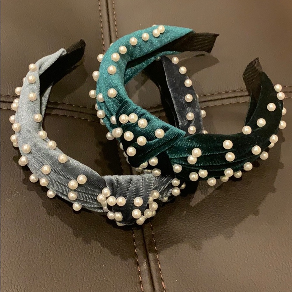 2 Velvet Turban Headbands with Faux Pearl Detail